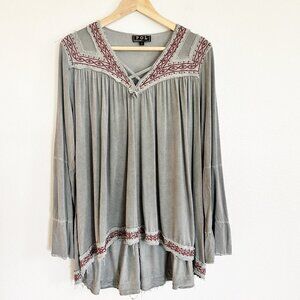 Pol Peasant Tunic Top S Gray Embroidered Boho Hippie Festival